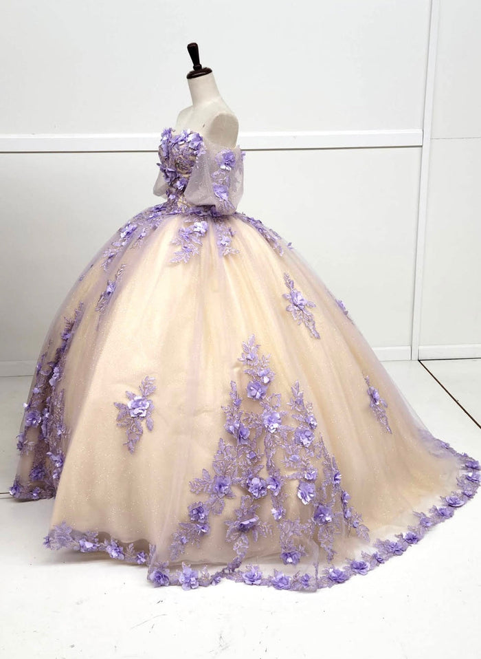 Chicas HF3087 Printed Glitter Royal BallDress Floral Floor-Length Tulle Dress