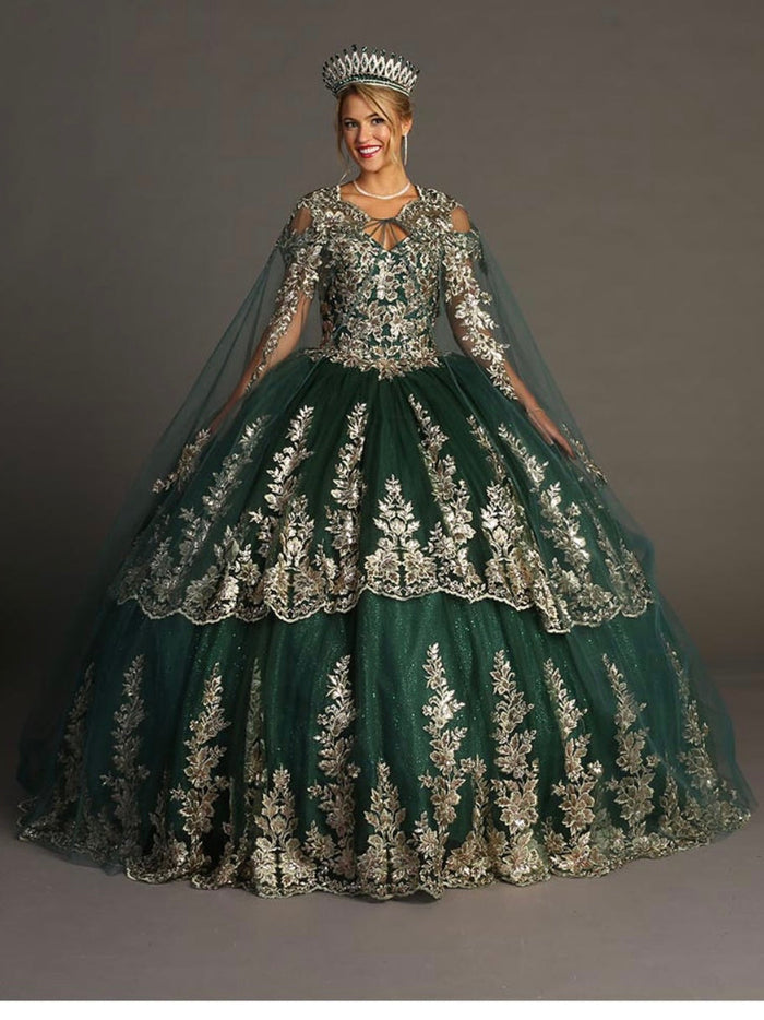 Chicas HF3083 Elegant Royal BallDress Floor-Length Embroidered Cape Tulle Dress
