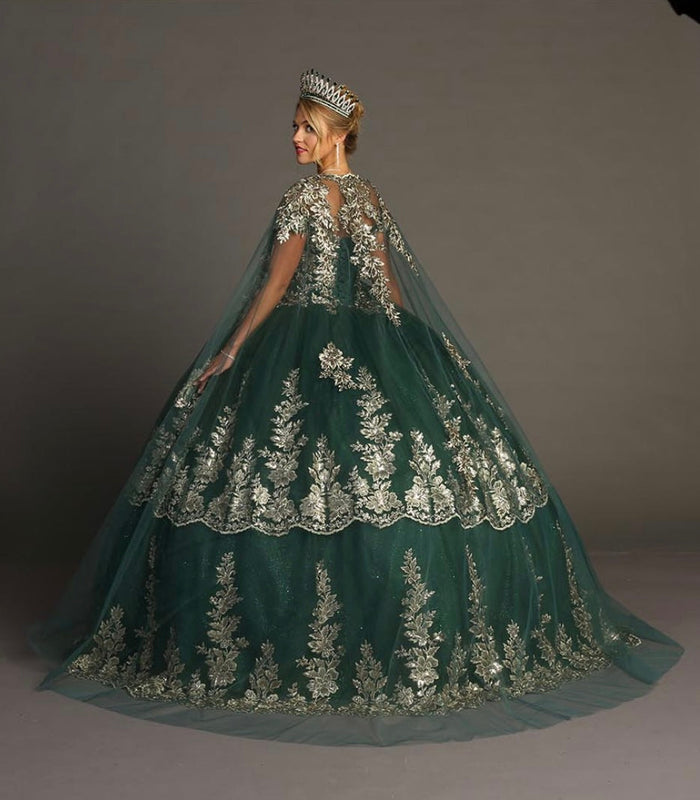 Chicas HF3083 Elegant Royal BallDress Floor-Length Embroidered Cape Tulle Dress