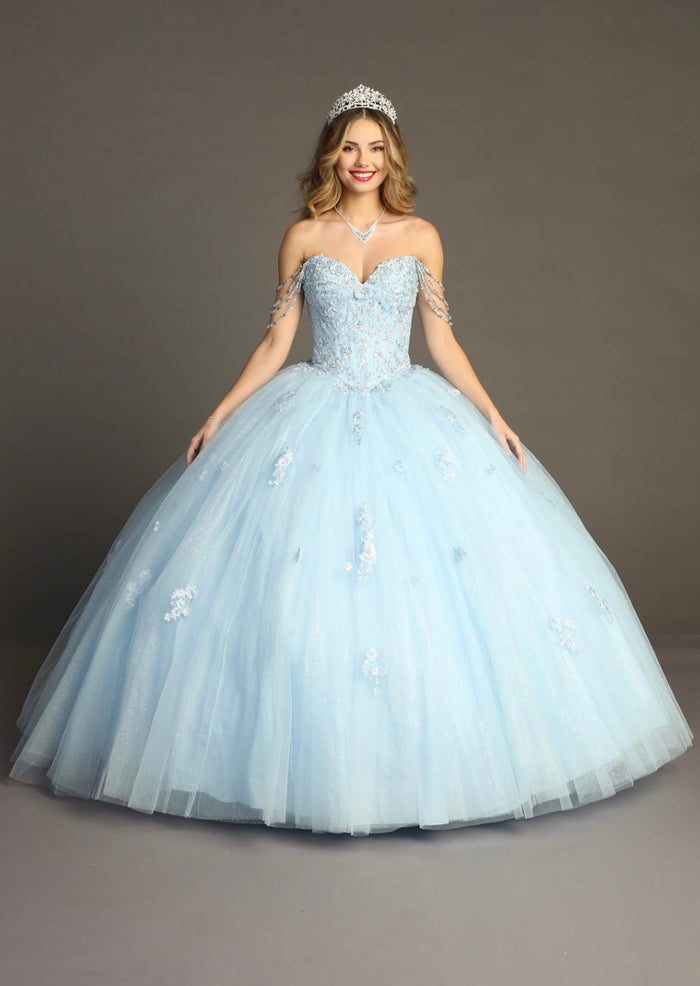 Chicas HF3071 Printed Glitter Blue BallDress Strapless Tulle Dress