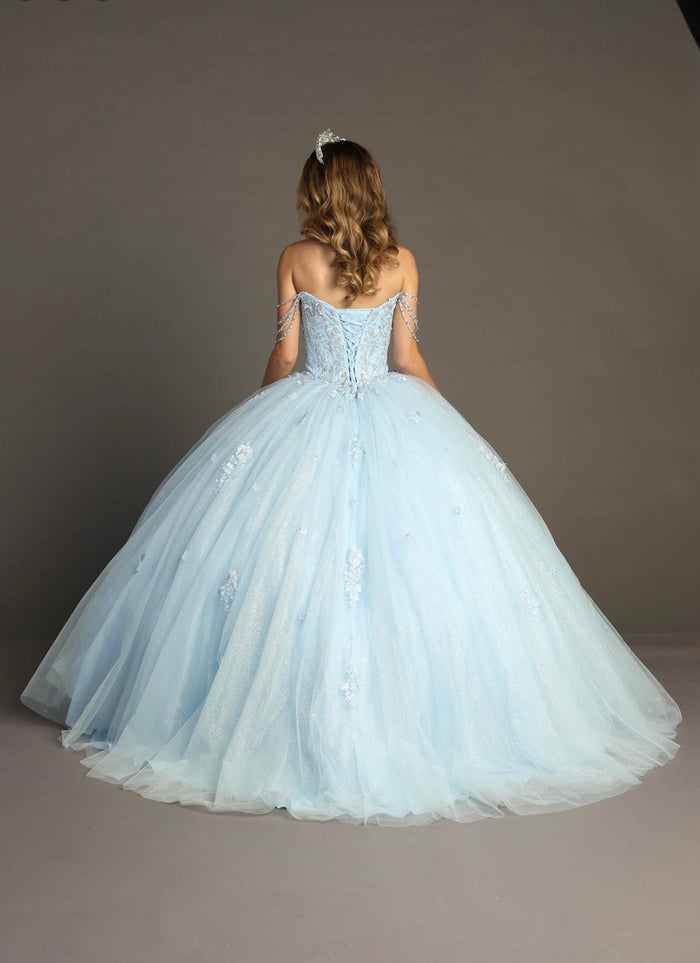 Chicas HF3071 Printed Glitter Blue BallDress Strapless Tulle Dress
