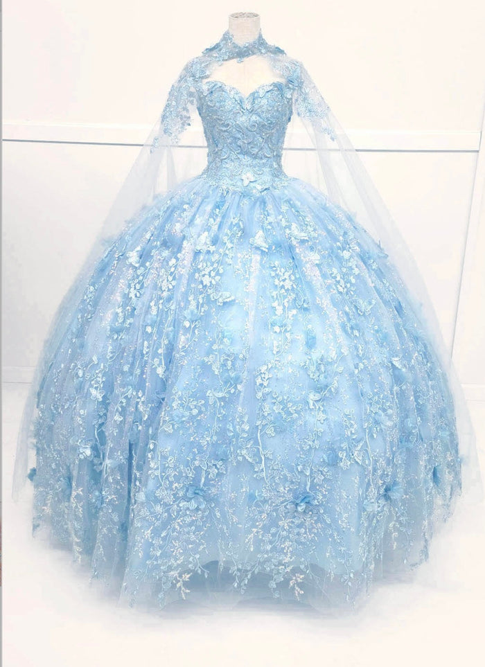 Chicas HF3067 Printed Glitter Quinceañera Blue BallDress Strapless Tulle Dress