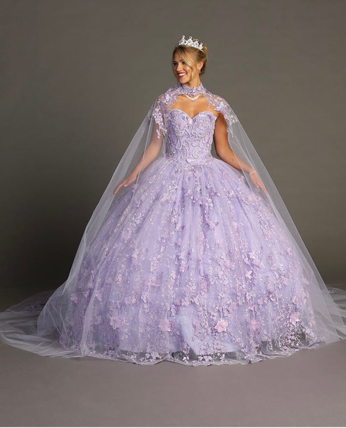 Chicas HF3067 Printed Glitter Quinceañera Blue BallDress Strapless Tulle Dress