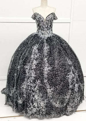 Chicas HF3039 Printed Quinceañera Black BallDress Sweetheart Floral Lace Dress