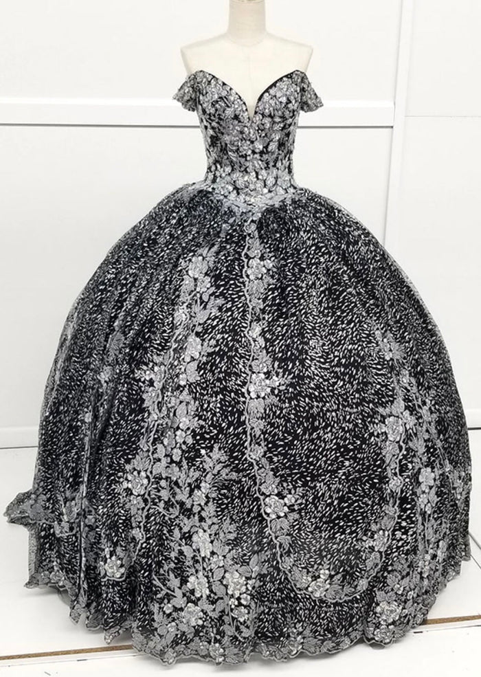 Chicas HF3039 Printed Quinceañera Black BallDress Sweetheart Floral Lace Dress