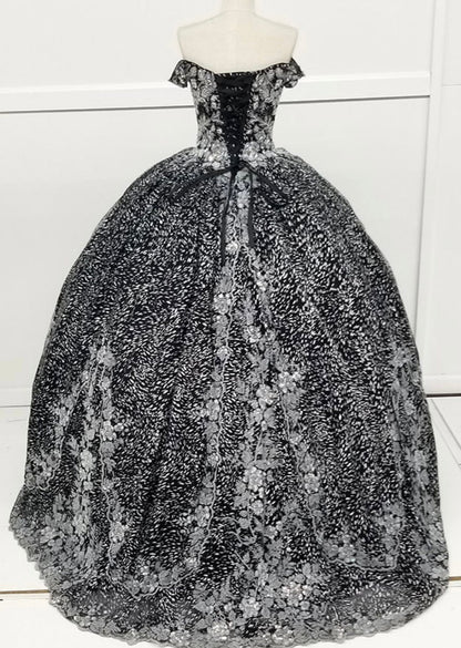 Chicas HF3039 Printed Quinceañera Black BallDress Sweetheart Floral Lace Dress