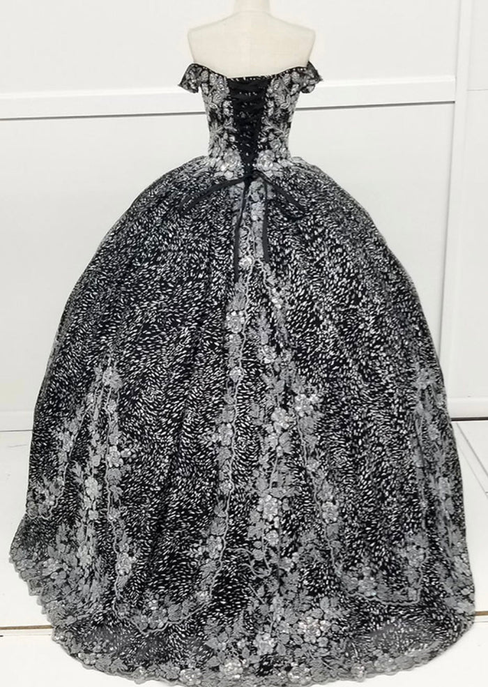 Chicas HF3039 Printed Quinceañera Black BallDress Sweetheart Floral Lace Dress