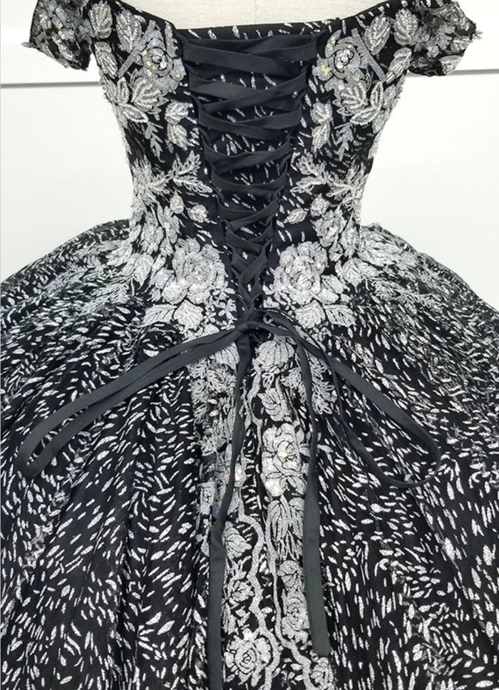 Chicas HF3039 Printed Quinceañera Black BallDress Sweetheart Floral Lace Dress