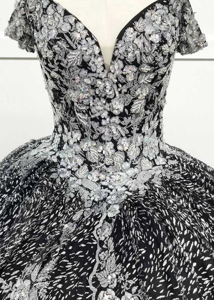 Chicas HF3039 Printed Quinceañera Black BallDress Sweetheart Floral Lace Dress
