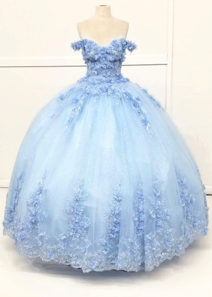 Chicas HF3054 Printed Quinceañera Blue BallDress Sweetheart Floral Tulle Dress