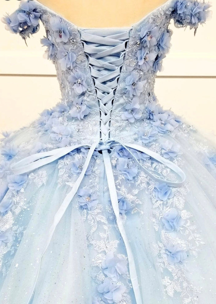 Chicas HF3054 Printed Quinceañera Blue BallDress Sweetheart Floral Tulle Dress