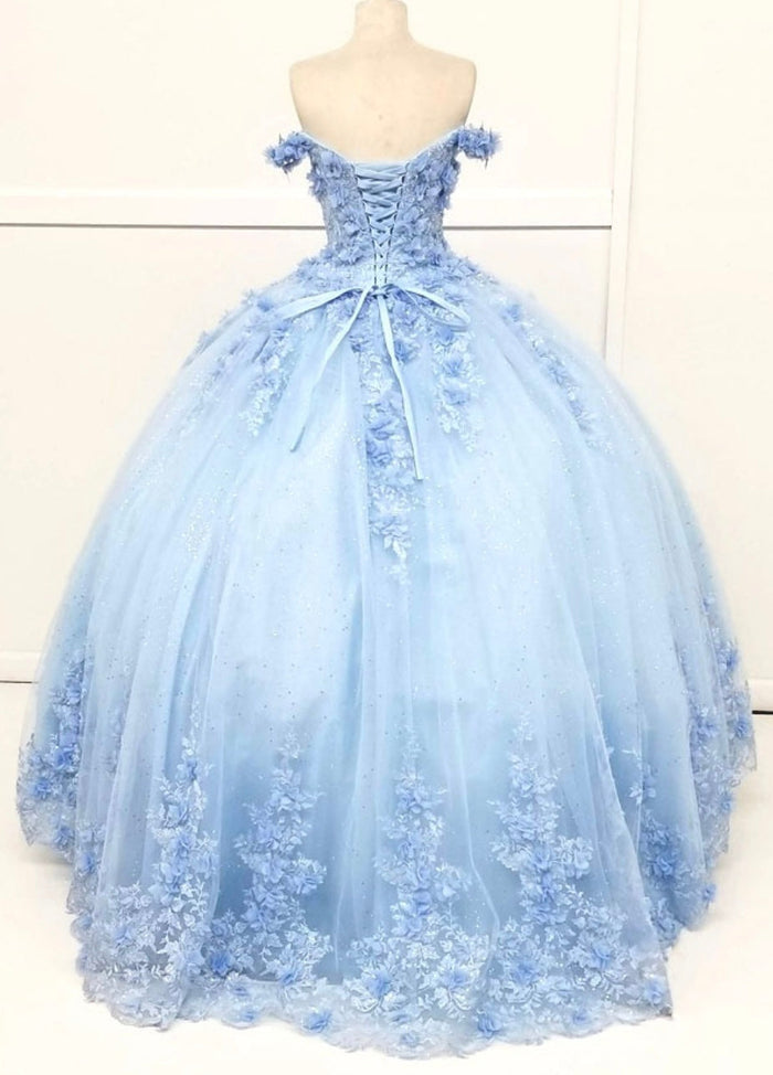 Chicas HF3054 Printed Quinceañera Blue BallDress Sweetheart Floral Tulle Dress