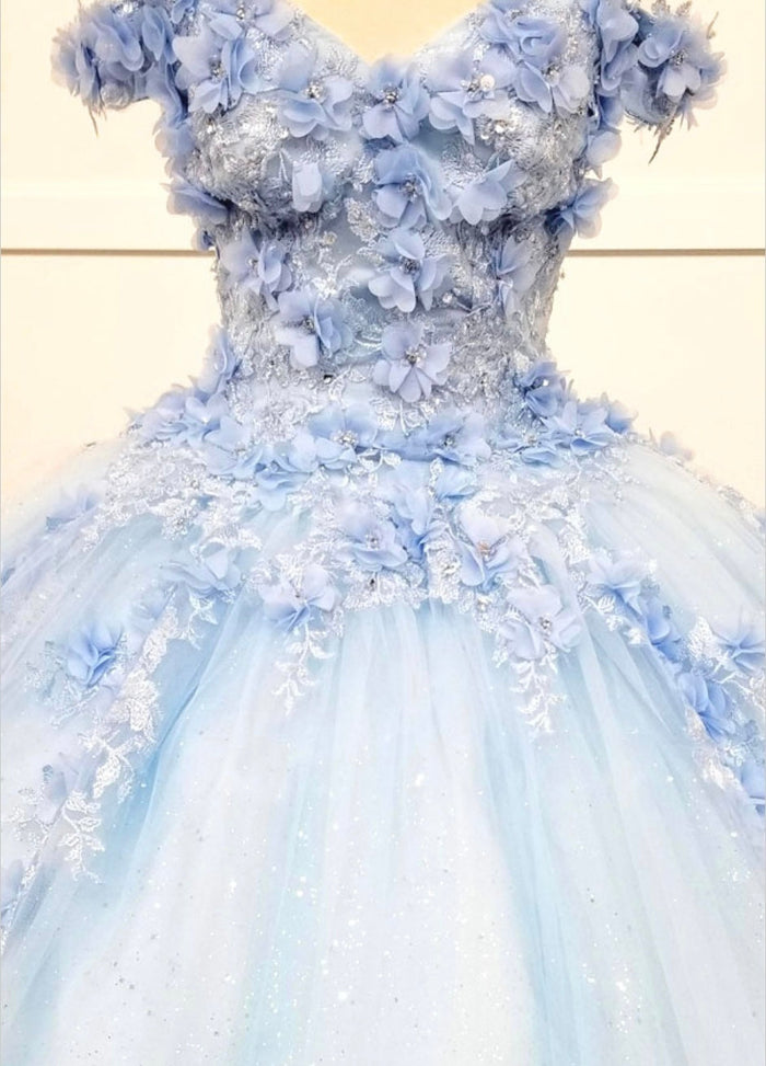 Chicas HF3054 Printed Quinceañera Blue BallDress Sweetheart Floral Tulle Dress