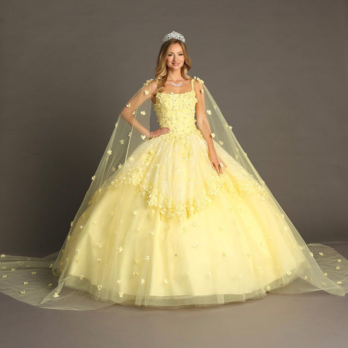 Chicas HF3046 Printed BallDress Floral Floor-Length Appliqué Cape Fabric Dress
