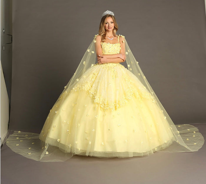 Chicas HF3046 Printed BallDress Floral Floor-Length Appliqué Cape Fabric Dress