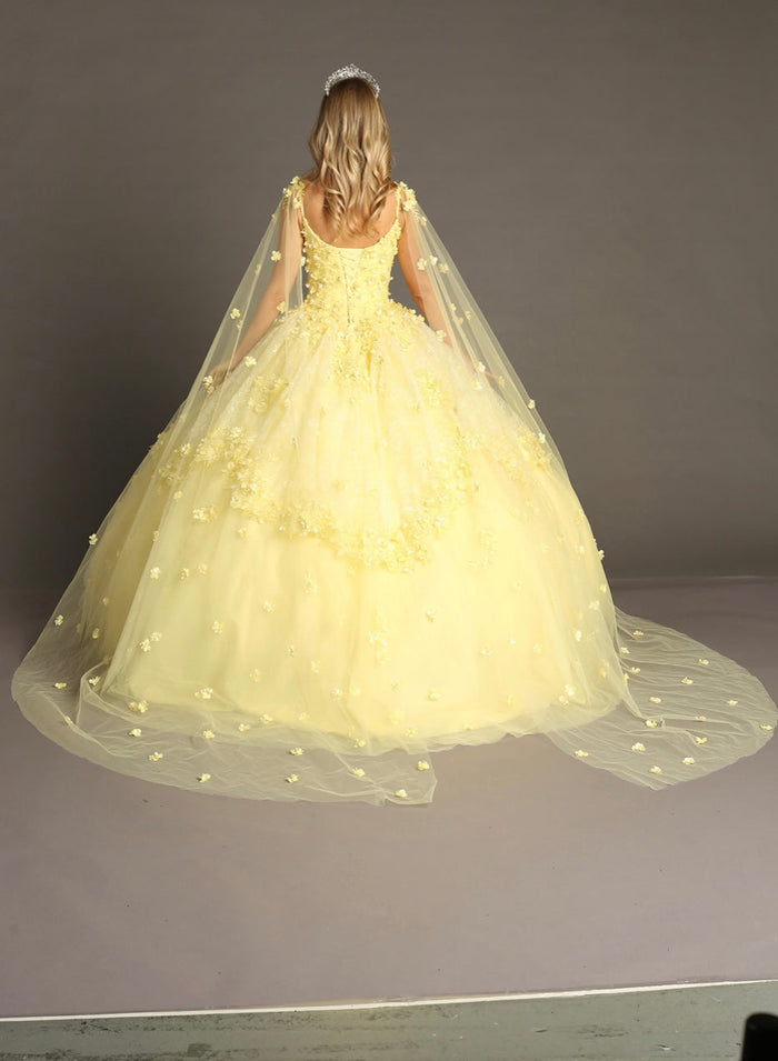 Chicas HF3046 Printed BallDress Floral Floor-Length Appliqué Cape Fabric Dress
