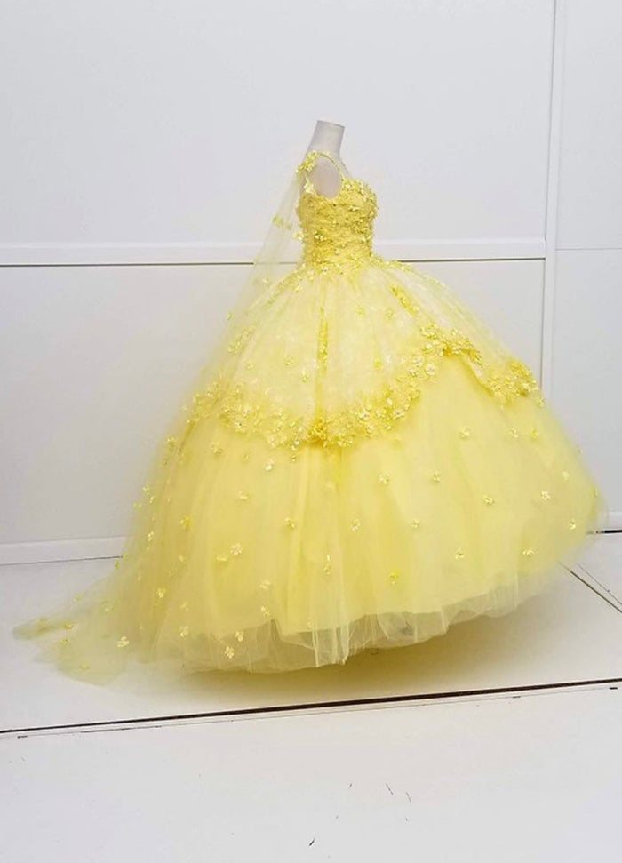 Chicas HF3046 Printed BallDress Floral Floor-Length Appliqué Cape Fabric Dress