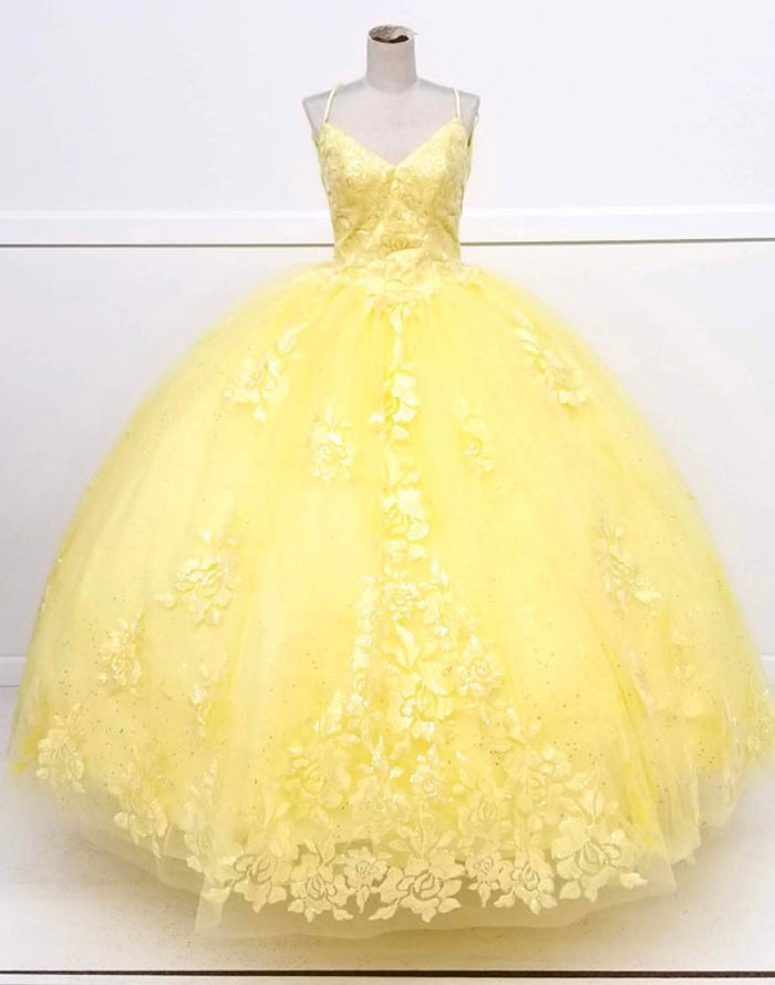 Chicas HF3045 Romantic Printed Glitter Quinceañera BallDress V-Neck Tulle Dress