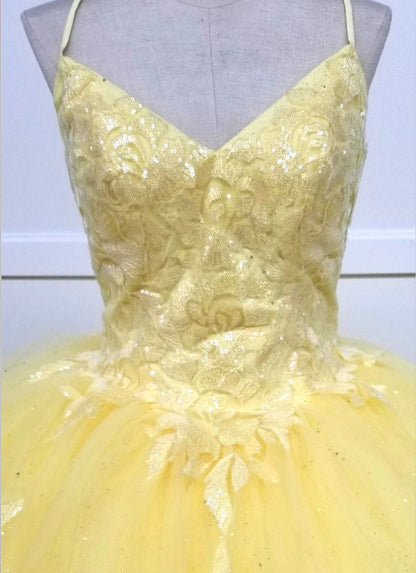 Chicas HF3045 Romantic Printed Glitter Quinceañera BallDress V-Neck Tulle Dress