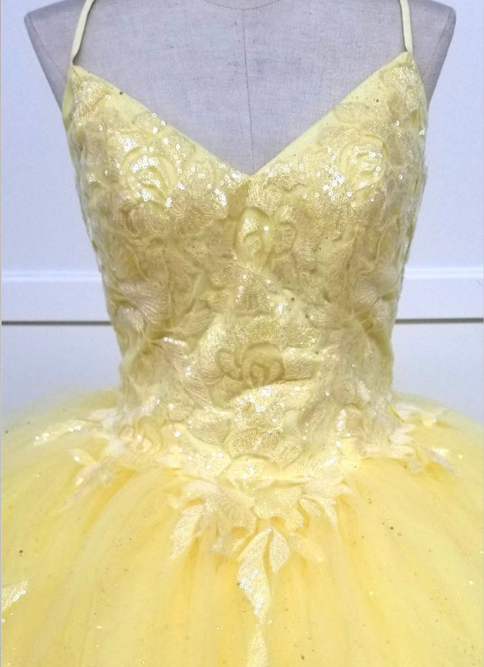 Chicas HF3045 Romantic Printed Glitter Quinceañera BallDress V-Neck Tulle Dress