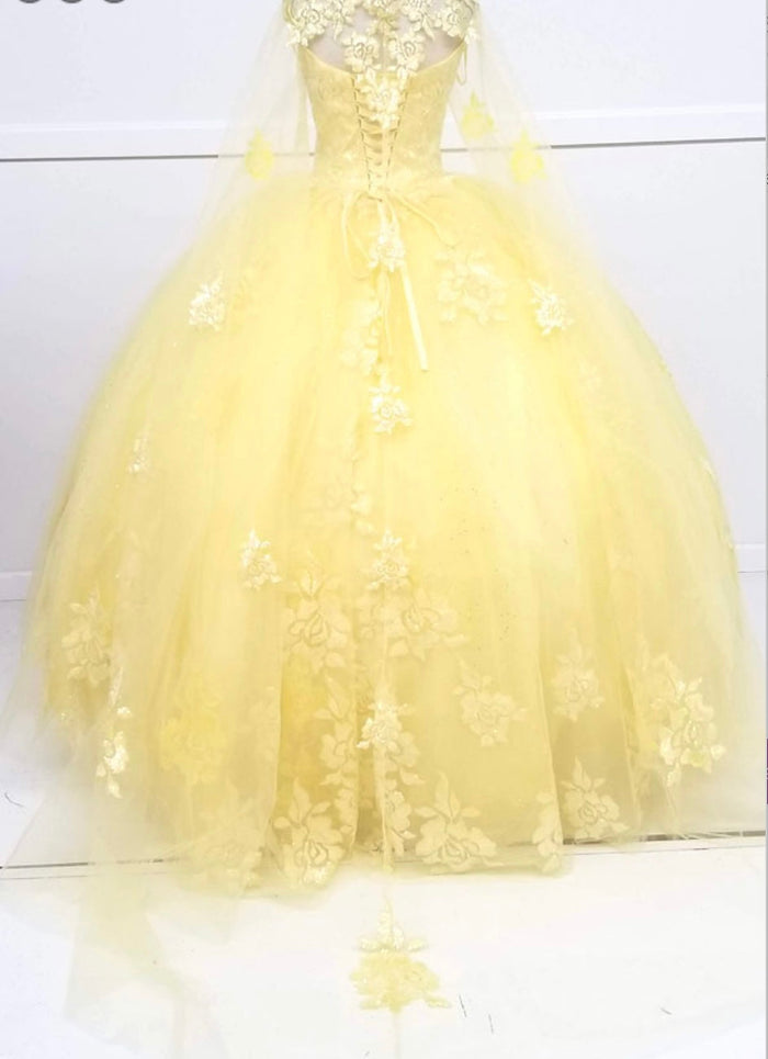 Chicas HF3045 Romantic Printed Glitter Quinceañera BallDress V-Neck Tulle Dress