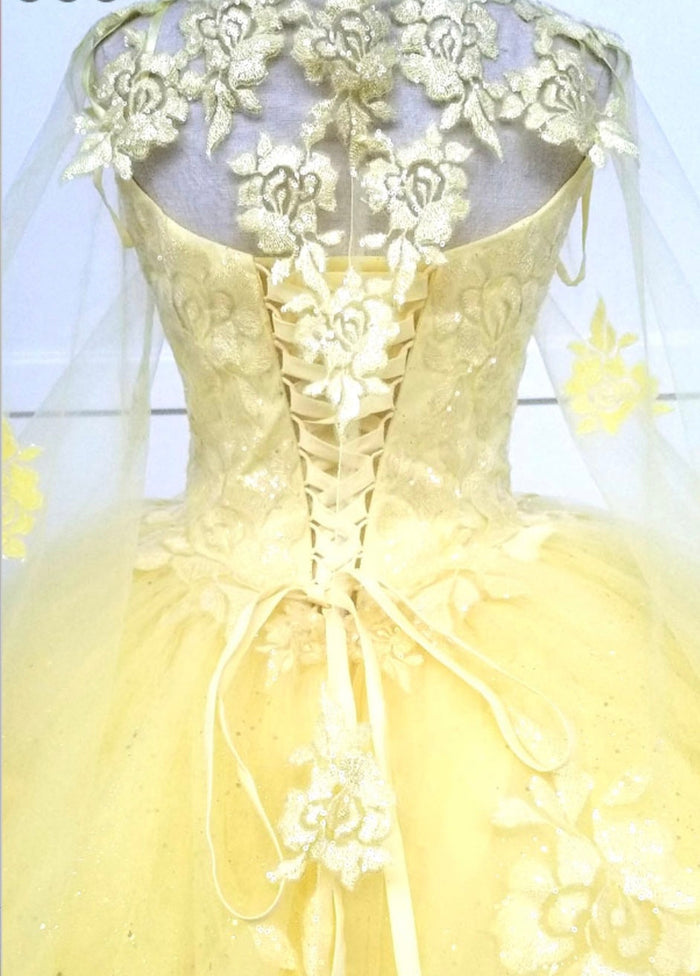 Chicas HF3045 Romantic Printed Glitter Quinceañera BallDress V-Neck Tulle Dress