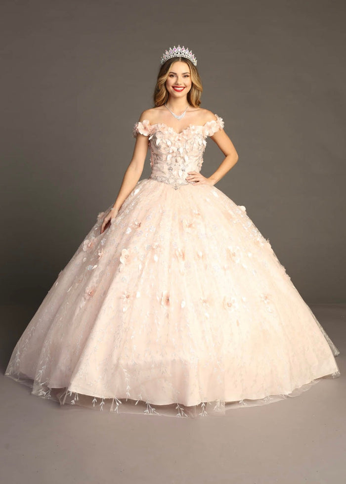 Chicas HF3027 Romantic Printed Glitter Quinceañera Blush BallDress Tulle Dress