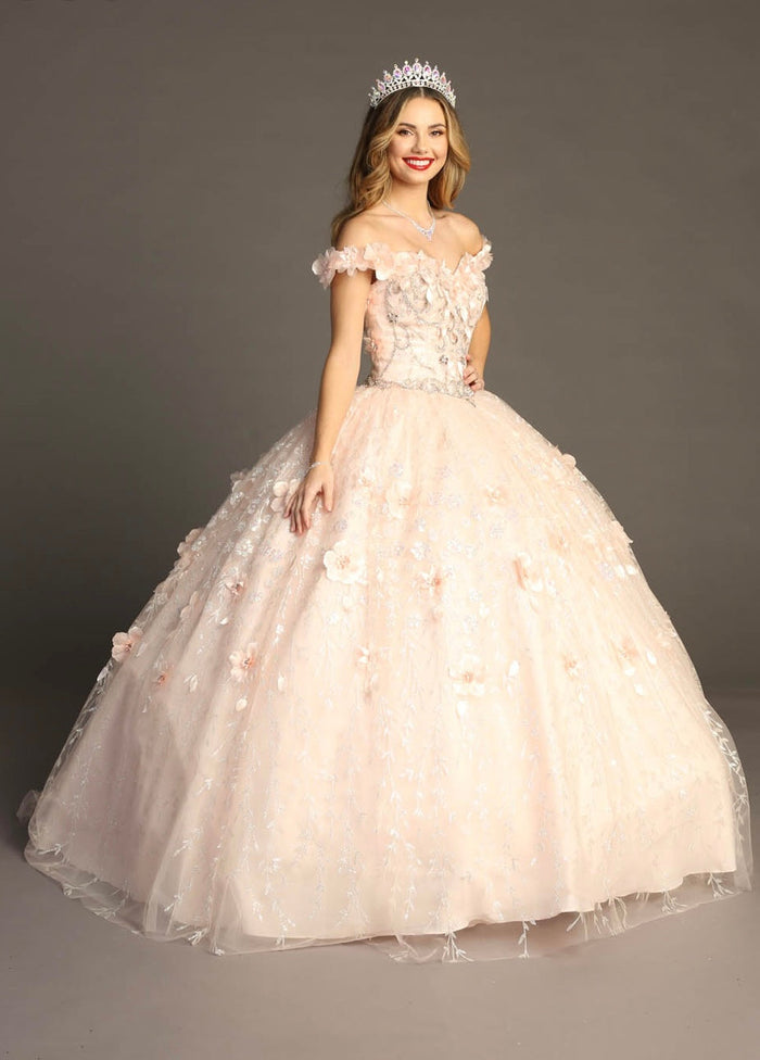 Chicas HF3027 Romantic Printed Glitter Quinceañera Blush BallDress Tulle Dress