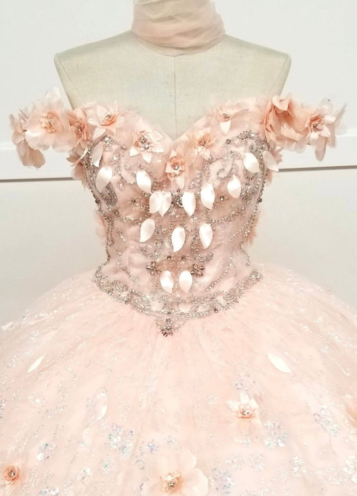 Chicas HF3027 Romantic Printed Glitter Quinceañera Blush BallDress Tulle Dress