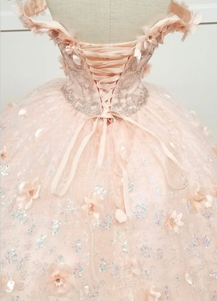 Chicas HF3027 Romantic Printed Glitter Quinceañera Blush BallDress Tulle Dress