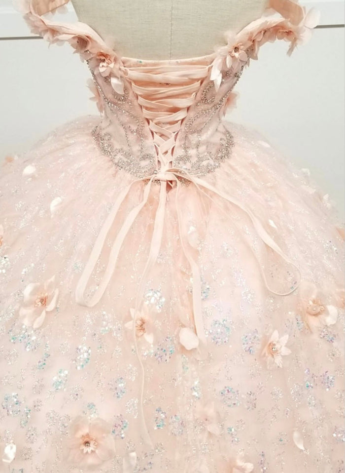 Chicas HF3027 Romantic Printed Glitter Quinceañera Blush BallDress Tulle Dress