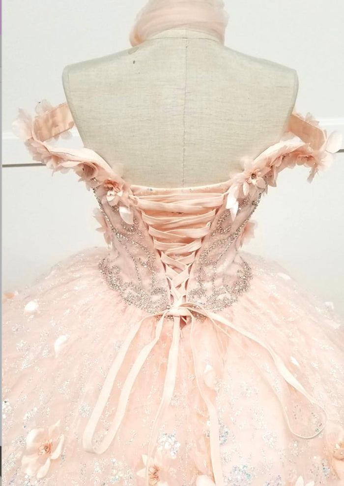 Chicas HF3027 Romantic Printed Glitter Quinceañera Blush BallDress Tulle Dress