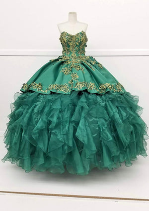 Chicas HF3009 Printed Metallic Quinceañera BallDress Strapless Floral Satin Dress