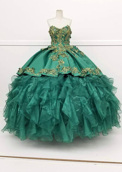 Chicas HF3009 Printed Metallic Quinceañera BallDress Strapless Floral Satin Dress