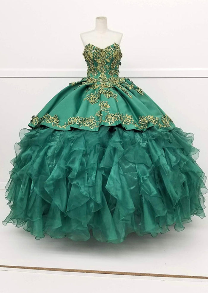 Chicas HF3009 Printed Metallic Quinceañera BallDress Strapless Floral Satin Dress