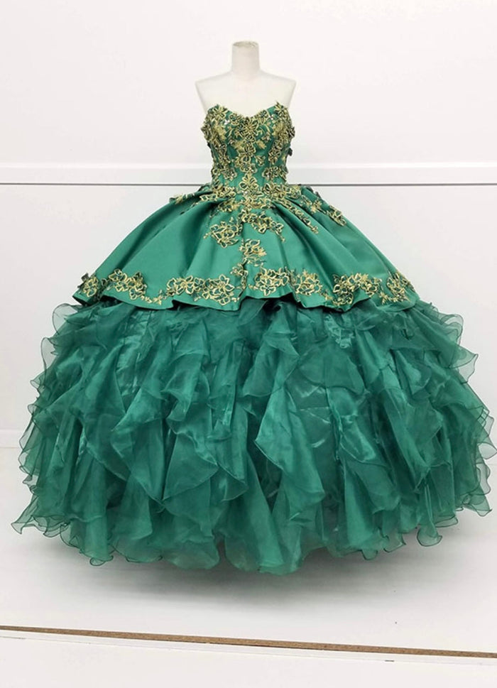 Chicas HF3009 Printed Metallic Quinceañera BallDress Strapless Floral Satin Dress