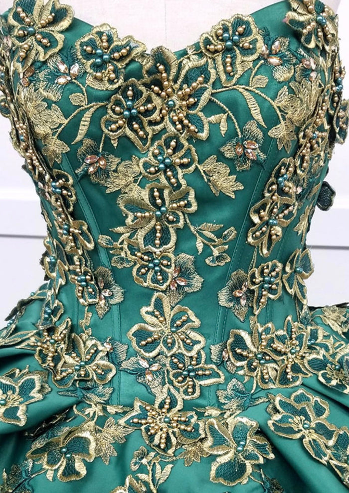 Chicas HF3009 Printed Metallic Quinceañera BallDress Strapless Floral Satin Dress