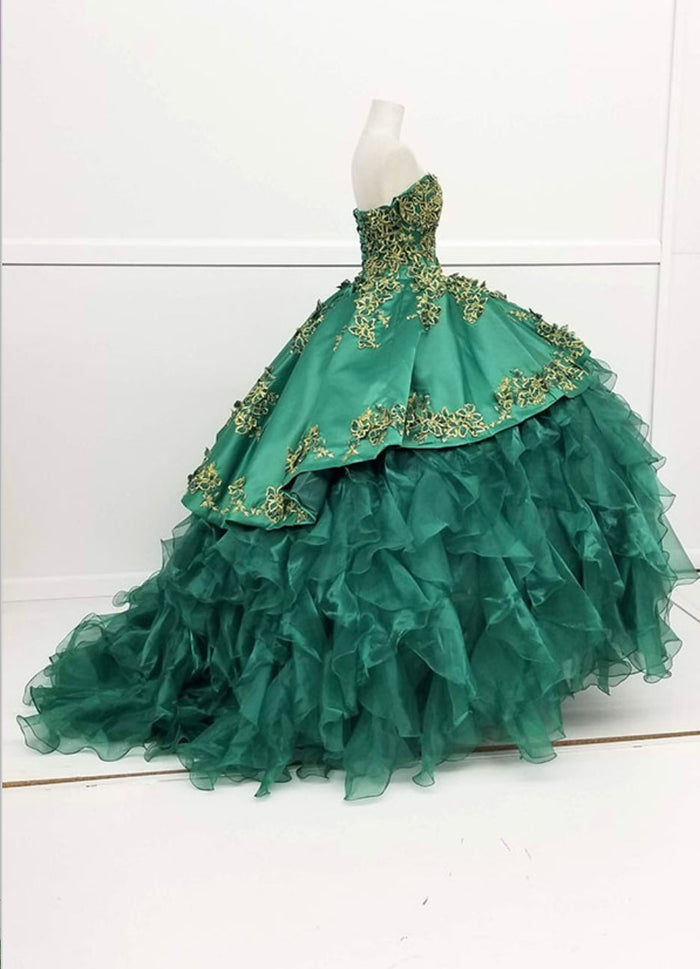 Chicas HF3009 Printed Metallic Quinceañera BallDress Strapless Floral Satin Dress