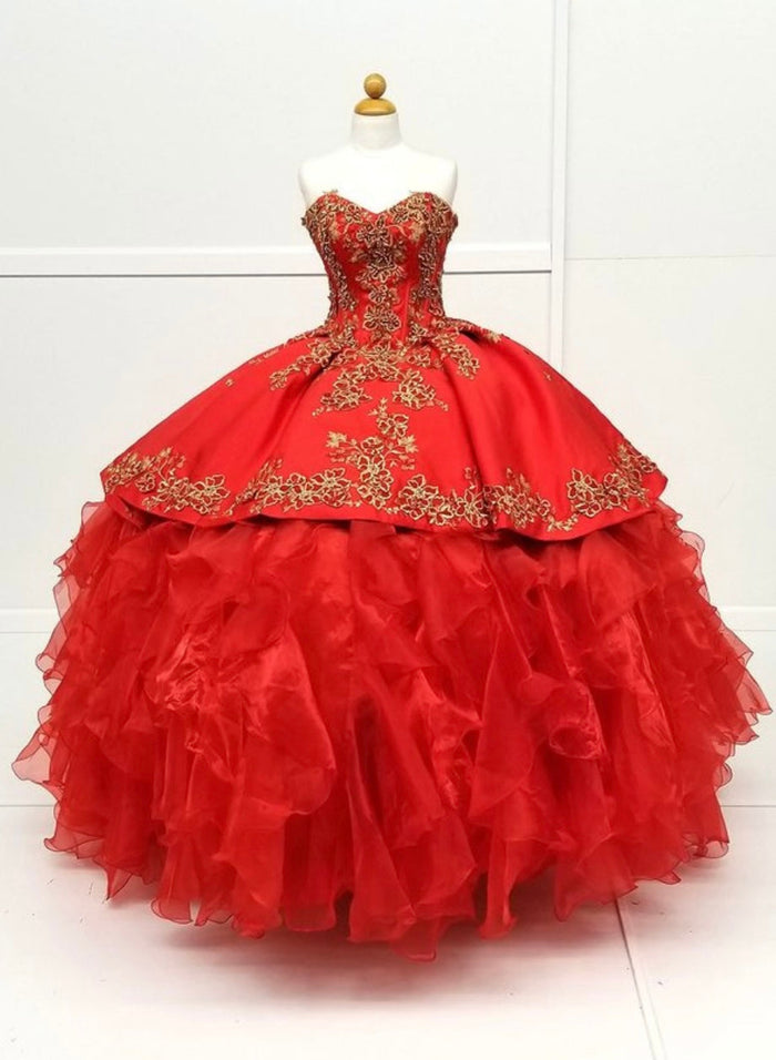 Chicas HF3009 Printed Metallic Quinceañera BallDress Strapless Floral Satin Dress