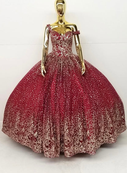 Chicas HF3001 Romantic Metallic Glitter Quinceañera Wine BallDress Fabric Dress