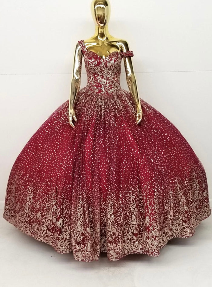 Chicas HF3001 Romantic Metallic Glitter Quinceañera Wine BallDress Fabric Dress