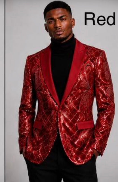 Mens Sequin Christmas Holiday Blazer – Luxury Party Jacket for New Year Jacket Sparkly Dinner Jacket in color "Crimson Red"