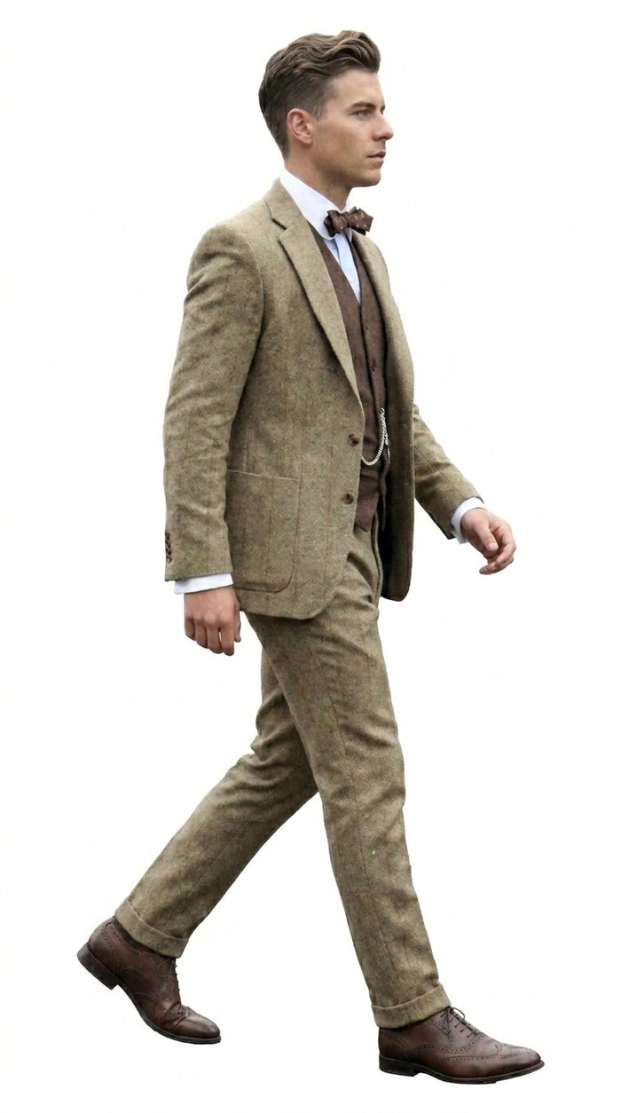Men’s Taupe Great Gatsby Style 3 Piece Vested Suit, Vintage Wedding Prom Formal Suit Set