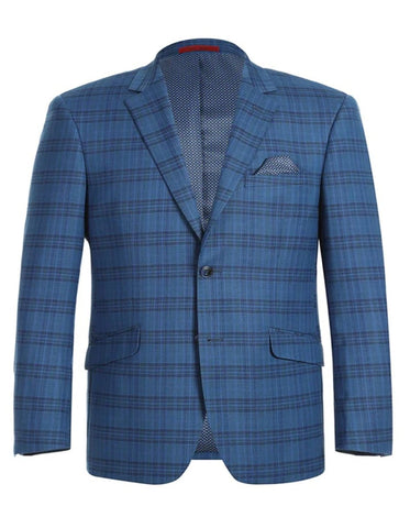 Mens Two Button Slim Fit Sport Coat Indigo Blue Windowpane Plaid Blazer