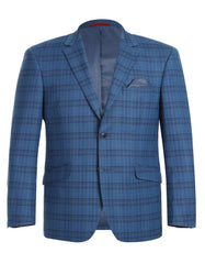 Mens Two Button Slim Fit Sport Coat Indigo Blue Windowpane Plaid Blazer