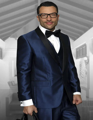 Blue Wedding Tuxedo - Men's Designer Shiny Sharkskin Vested Wedding & Prom Indigo Blue Tuxedo