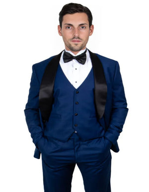 Blue Wedding Tuxedo - Men's Stacy Adams Vested One Button Shawl Lapel Indigo Blue Single Breasted Tuxedo