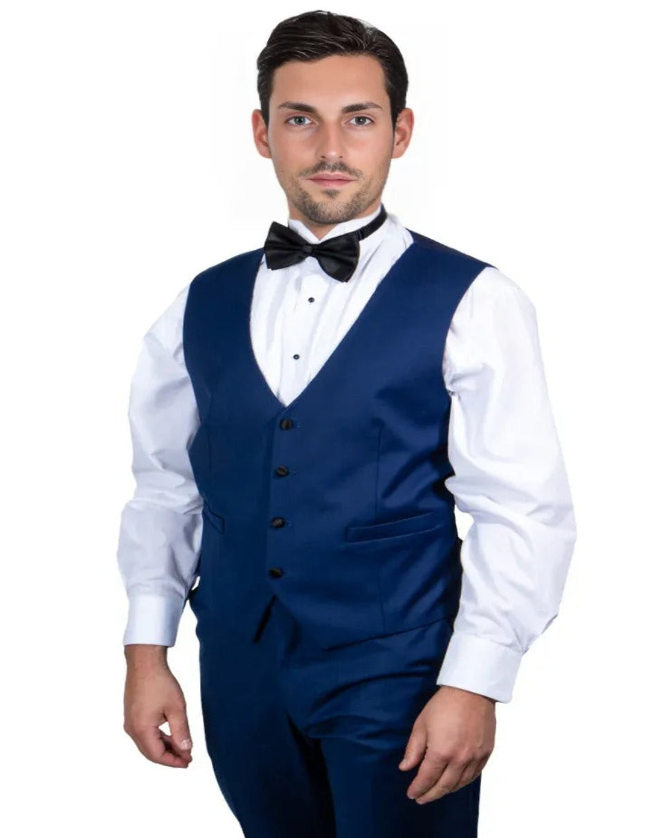 Blue Wedding Tuxedo - Men's Stacy Adams Vested One Button Shawl Lapel Indigo Blue Single Breasted Tuxedo
