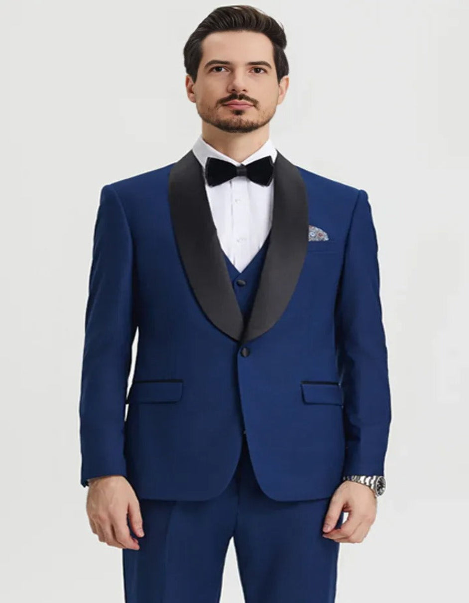 Blue Wedding Tuxedo - Men's Stacy Adams Vested One Button Shawl Lapel Indigo blue Tuxedo