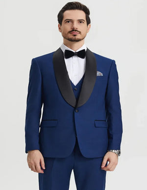 Blue Wedding Tuxedo - Men's Stacy Adams Vested One Button Shawl Lapel Indigo blue Tuxedo
